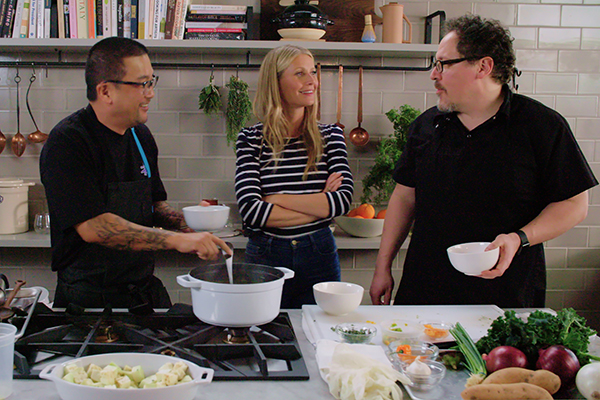Chef Roy Choi, Gwyneth Paltrow, and Jon Favreau cooking on The Chef Show