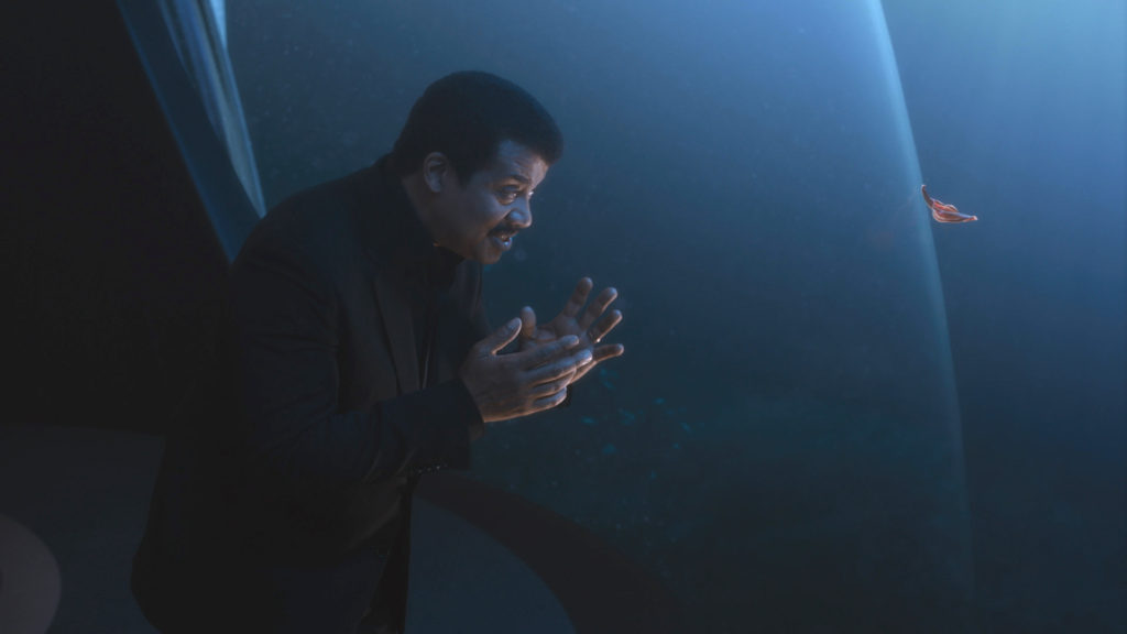 In Cosmos: Possible Worlds, host Neil deGrasse Tyson contemplates a flatworm, whose ancestors evolved some of the first brains, as it flutters in the sea outside the window of the Ship of the Imagination.
