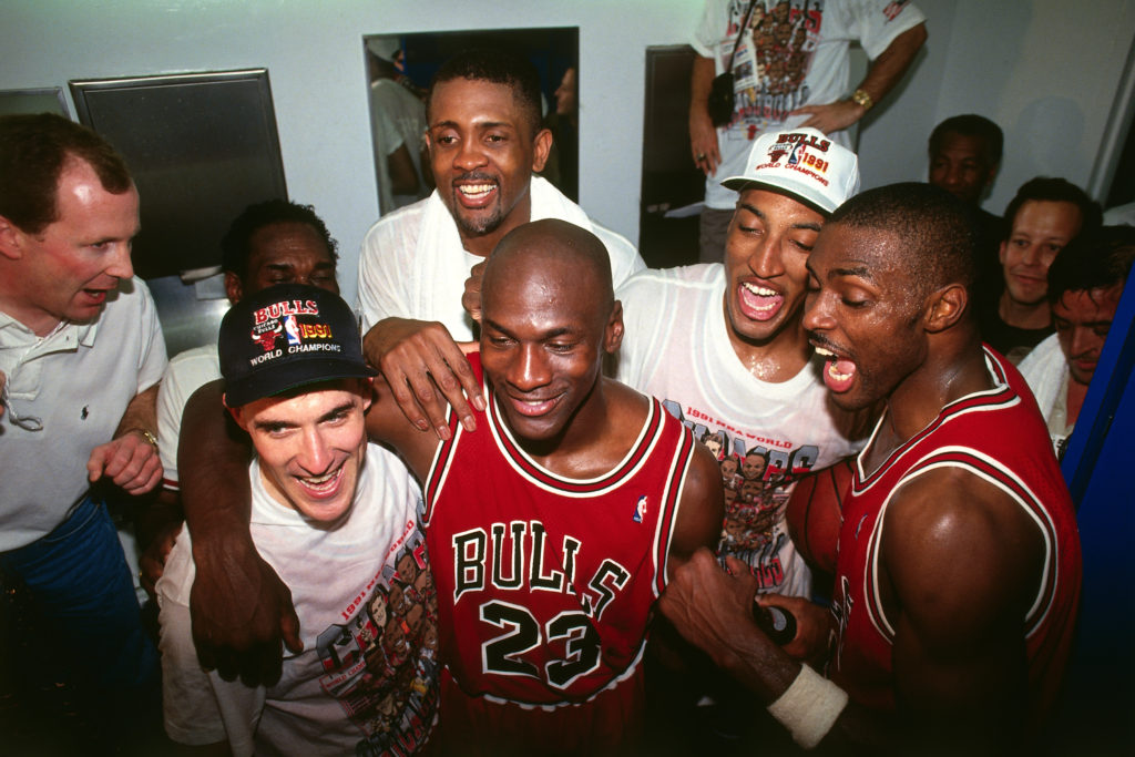 Michael Jordan of the Chicago Bulls celebrates following Game Five of the 1991 NBA Finals on June 12, 1991 at the Great Western Forum in Inglewood.