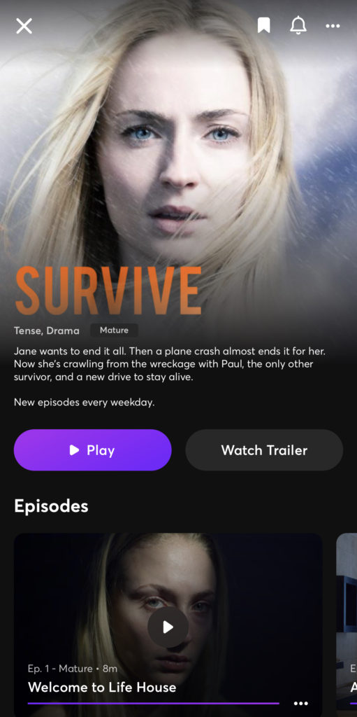 Sophie Turner stars as Jane, a suicidal woman who survives a plane crash on Quibi's Survive.