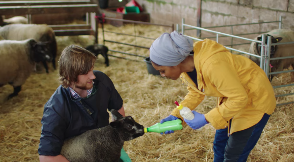 Nadiya visits a sheep farm in Netflix's Nadiya's Time to Eat.