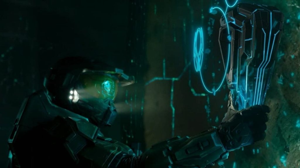 Master Chief doing Halo things in the Halo TV series.