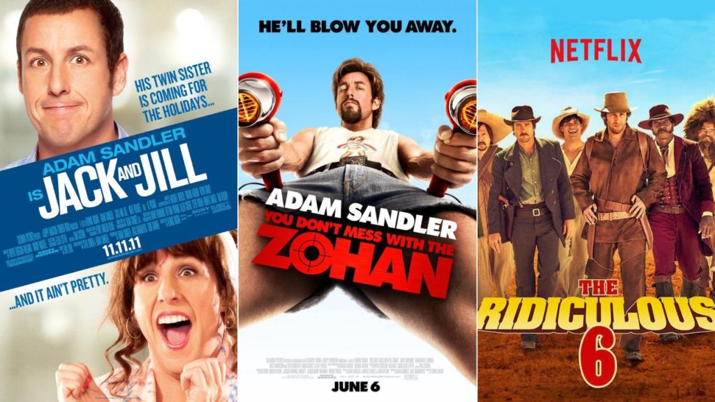 Three posters of previous Adam Sandler movies.