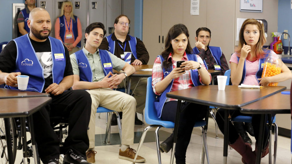 Colton Dunn, Ben Feldman, America Ferrera and Nichole Sakura, in Superstore